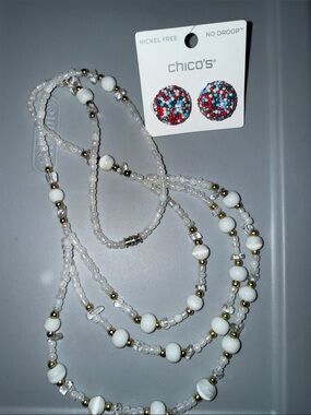 Chico's Red, Blue & White Beaded Stud Earrings and white beaded Necklace bundle